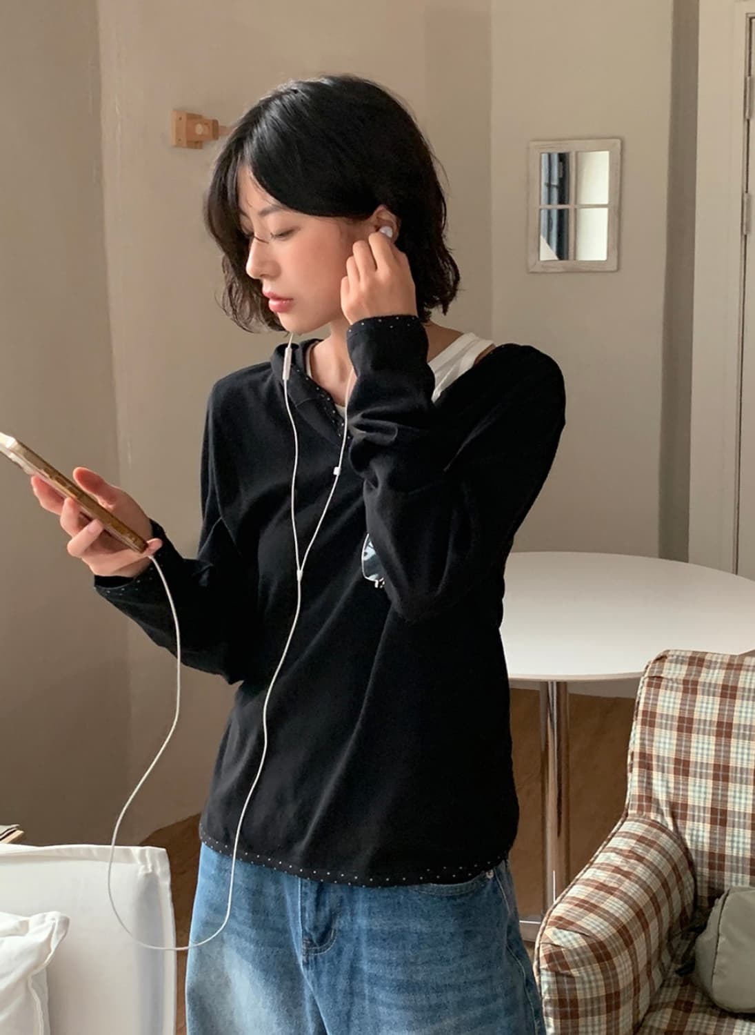 지그재그 데일리쥬 데니슨 도트 레이어드 빈티지 후드 티셔츠 상품이미지1