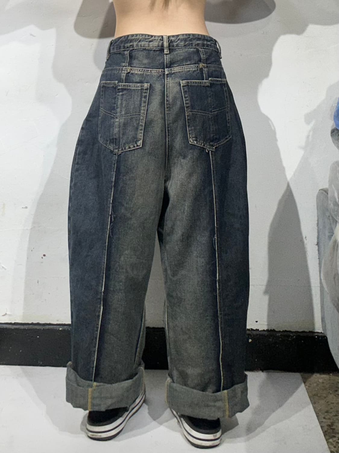 90s 빈티지 중청 데미지 워싱 와이드 벌룬 데님 팬츠 M 상품이미지3