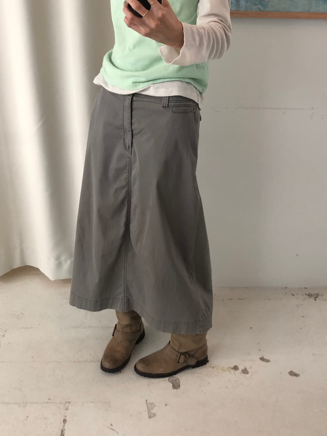 일본빈티지 카키 코튼 롱스커트 상품이미지3