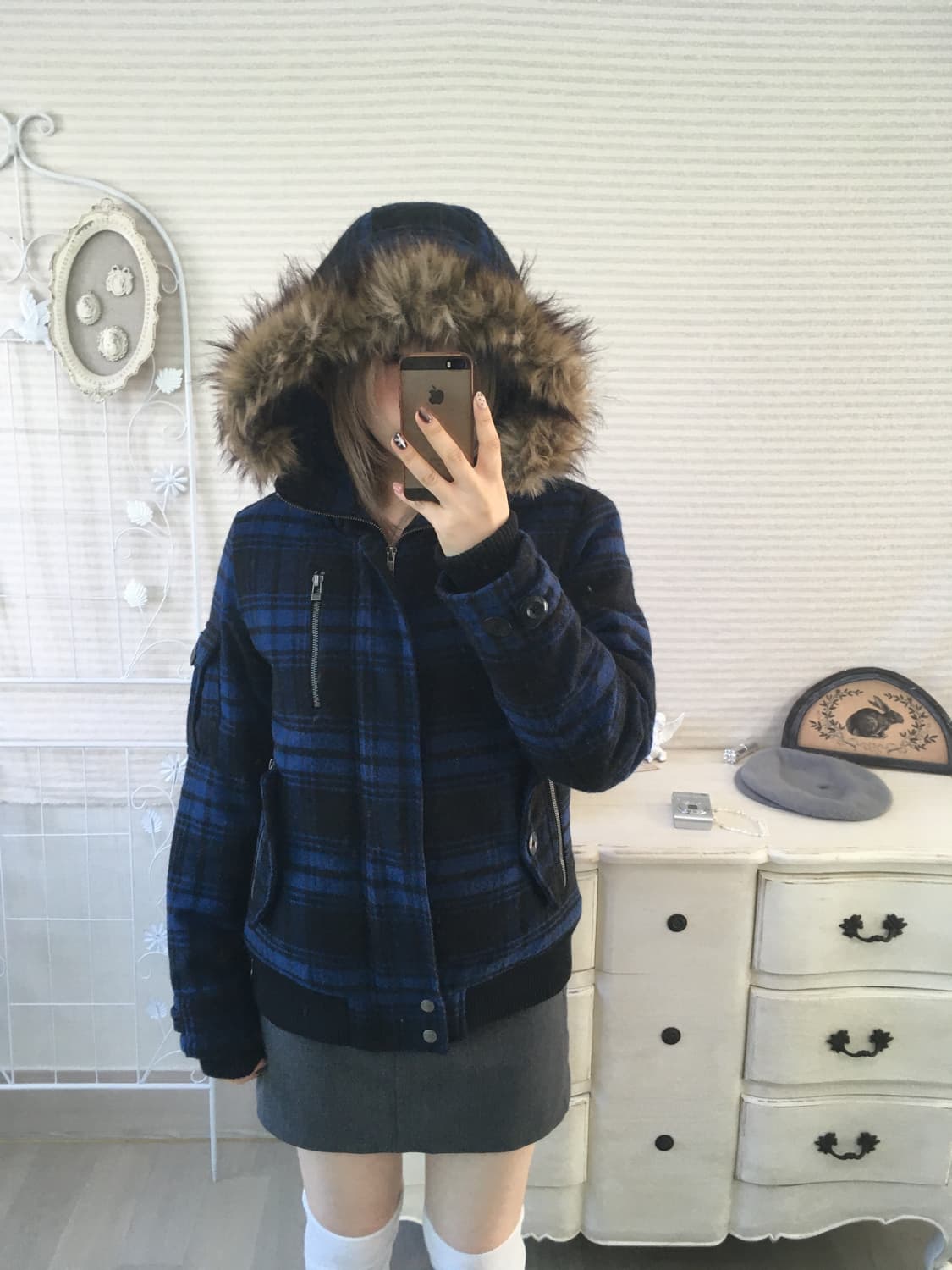 일본빈티지 블루 블랙 체크 후드 패딩 점퍼 상품이미지5