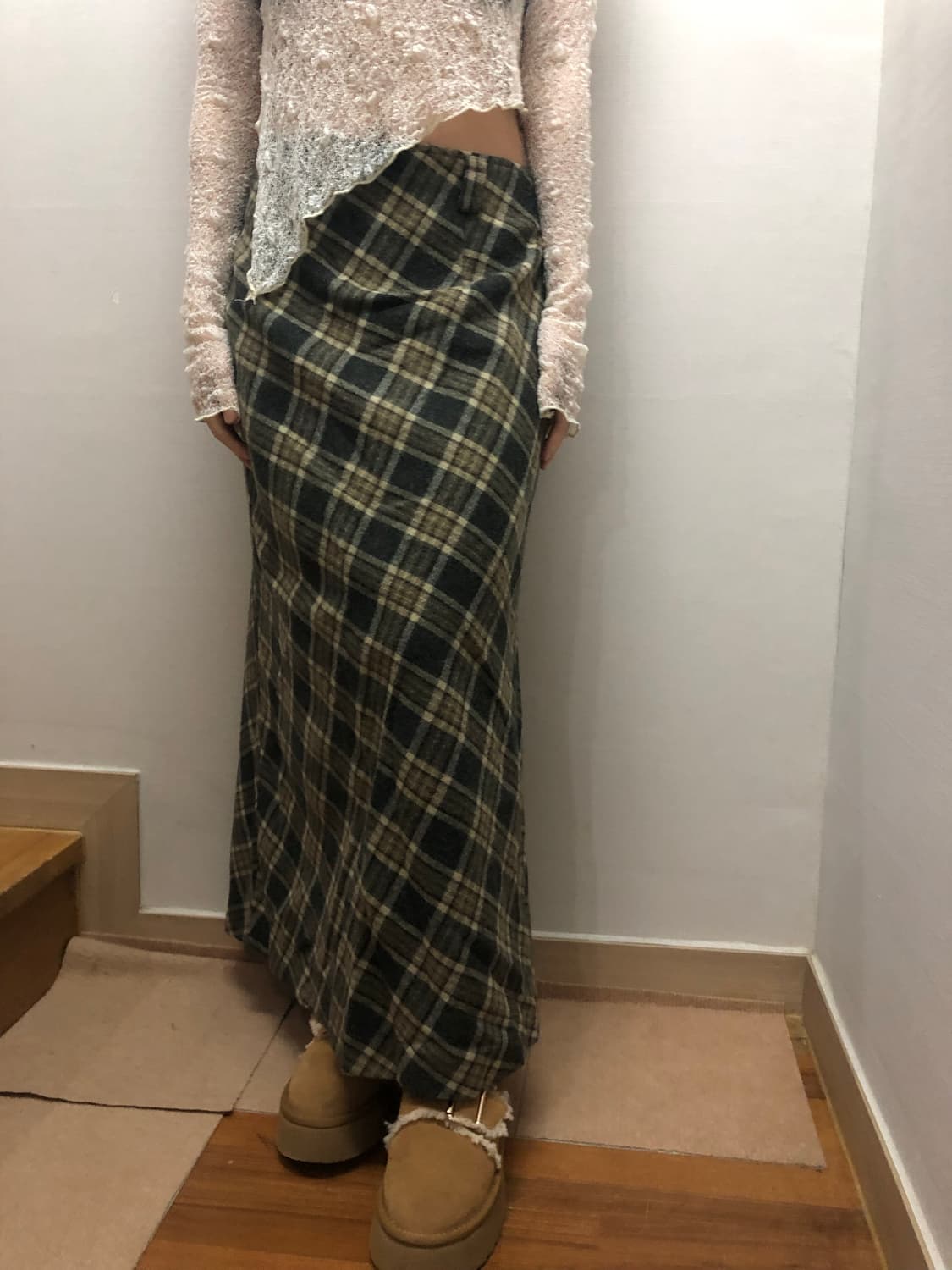 빈티지 그린 체크 울 롱 스커트 상품이미지2