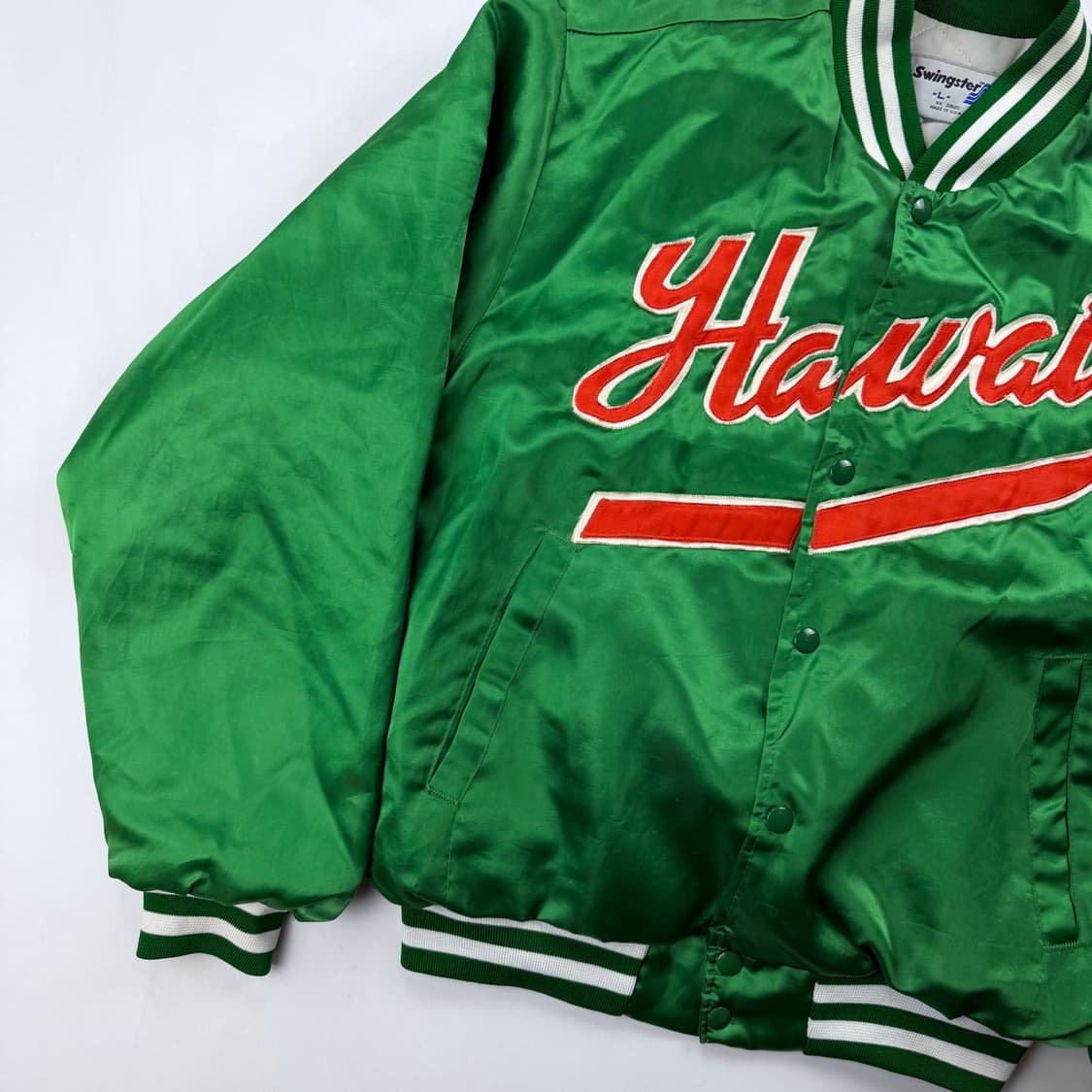 90s swingster 하와이 그린 새틴 봄버 자켓 상품이미지2