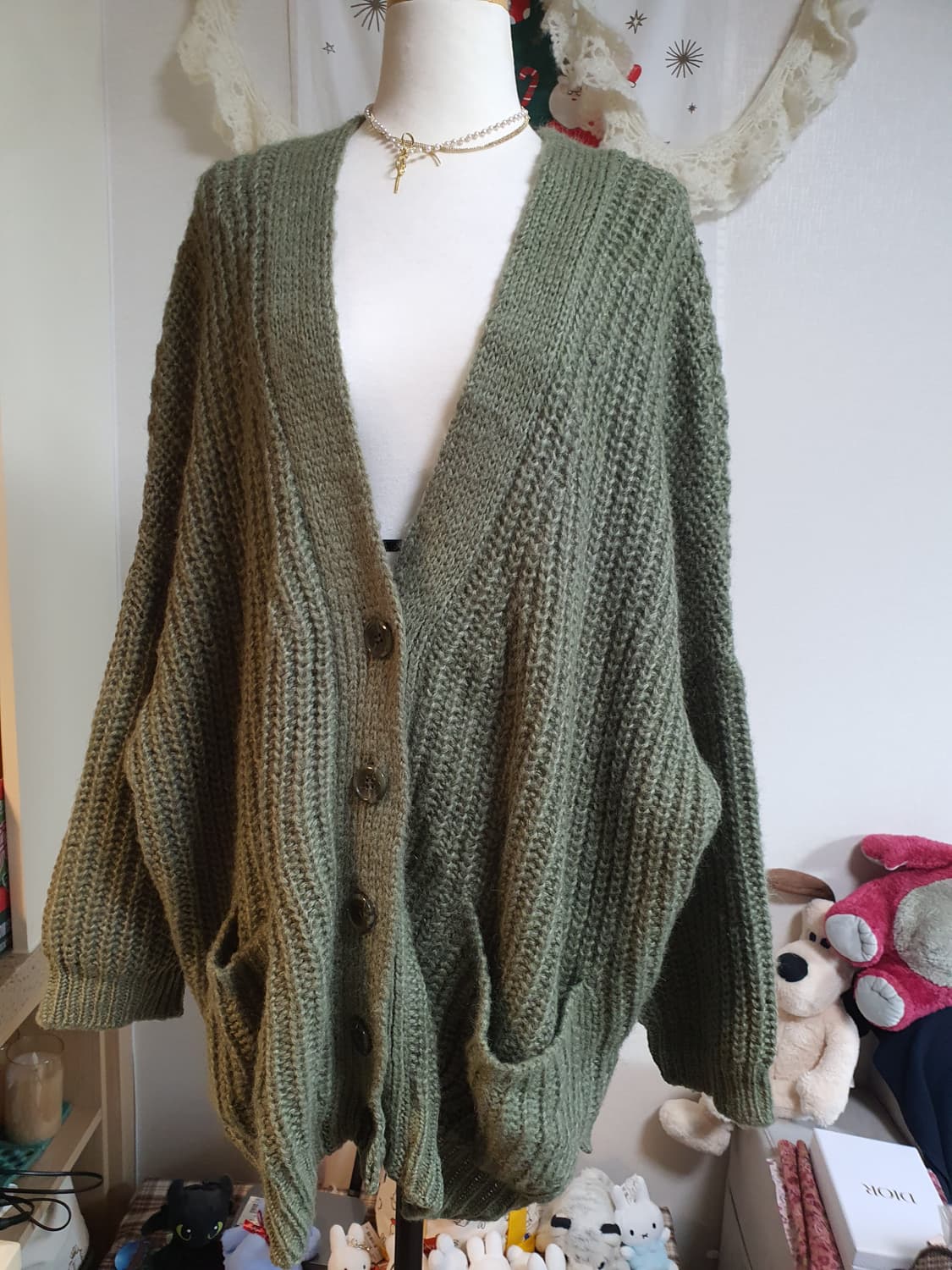 [모리걸] 루즈핏 오버핏 브이넥 니트 가디건 카키 상품이미지2
