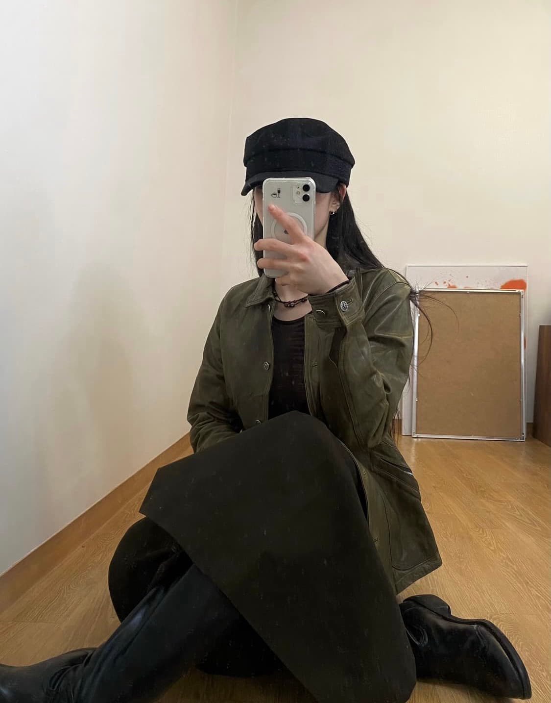 빈티지 레더 자켓 카키 상품이미지1