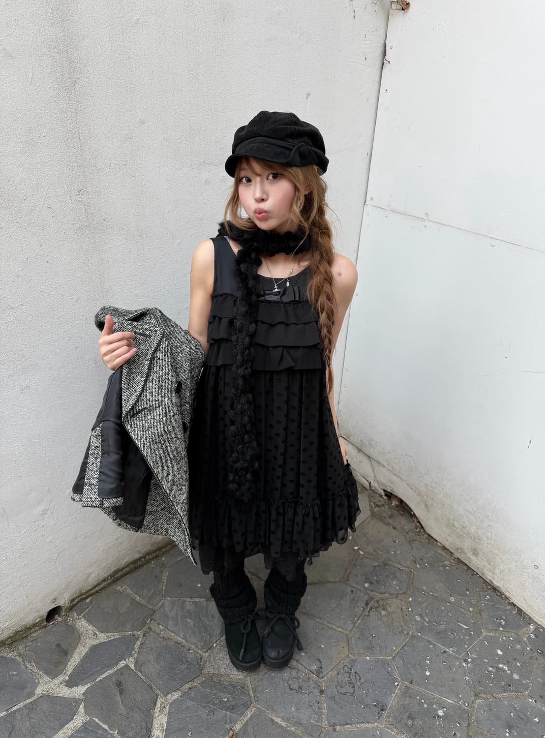 엑시즈팜 무채색 니혼진 하이넥 더블코트 도트 코디세트 상품이미지3