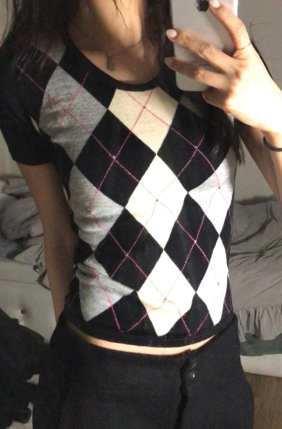 빈티지 아가일 큐빅 반팔 니트 상품이미지1