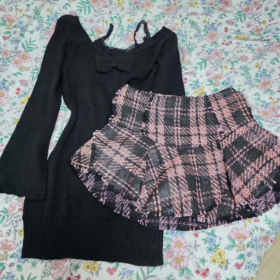 빈티지) 블랙x핑크 양지뢰계 캐캐체깔 로맨틱 트위드갸루 캉캉 체크 스커트 상품이미지1