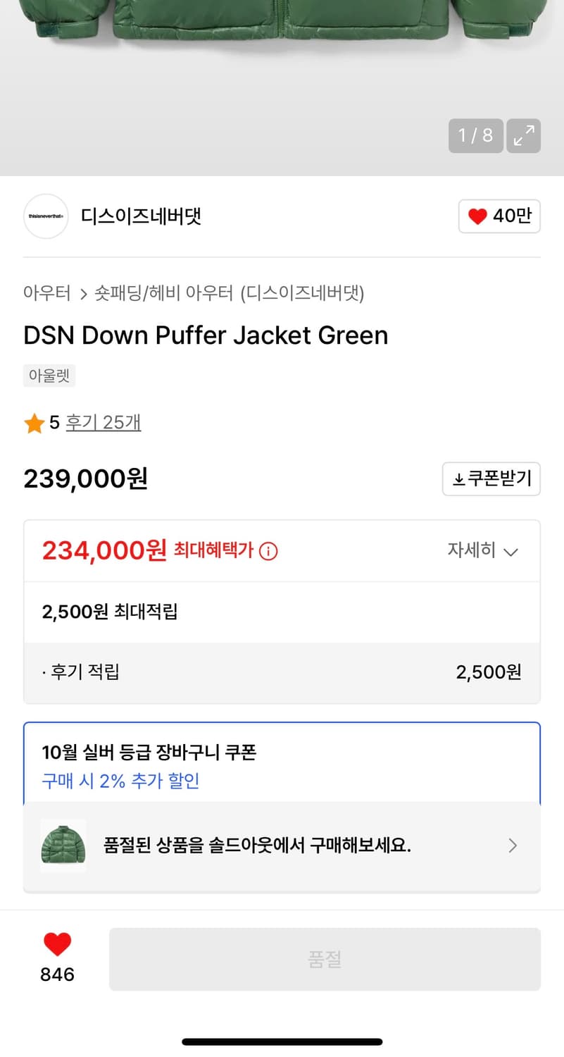 디스이즈네버댓 DSN Down Puffer Jacket Green 상품이미지2