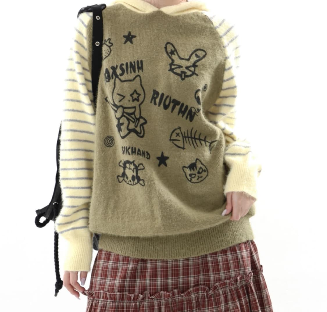 키치 나그랑 배색 스프라이트 오버핏 니트 후드티 상품이미지2