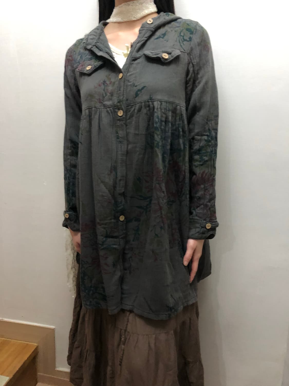 빈티지 딥그레이 플라워 후디 셔츠 상품이미지3