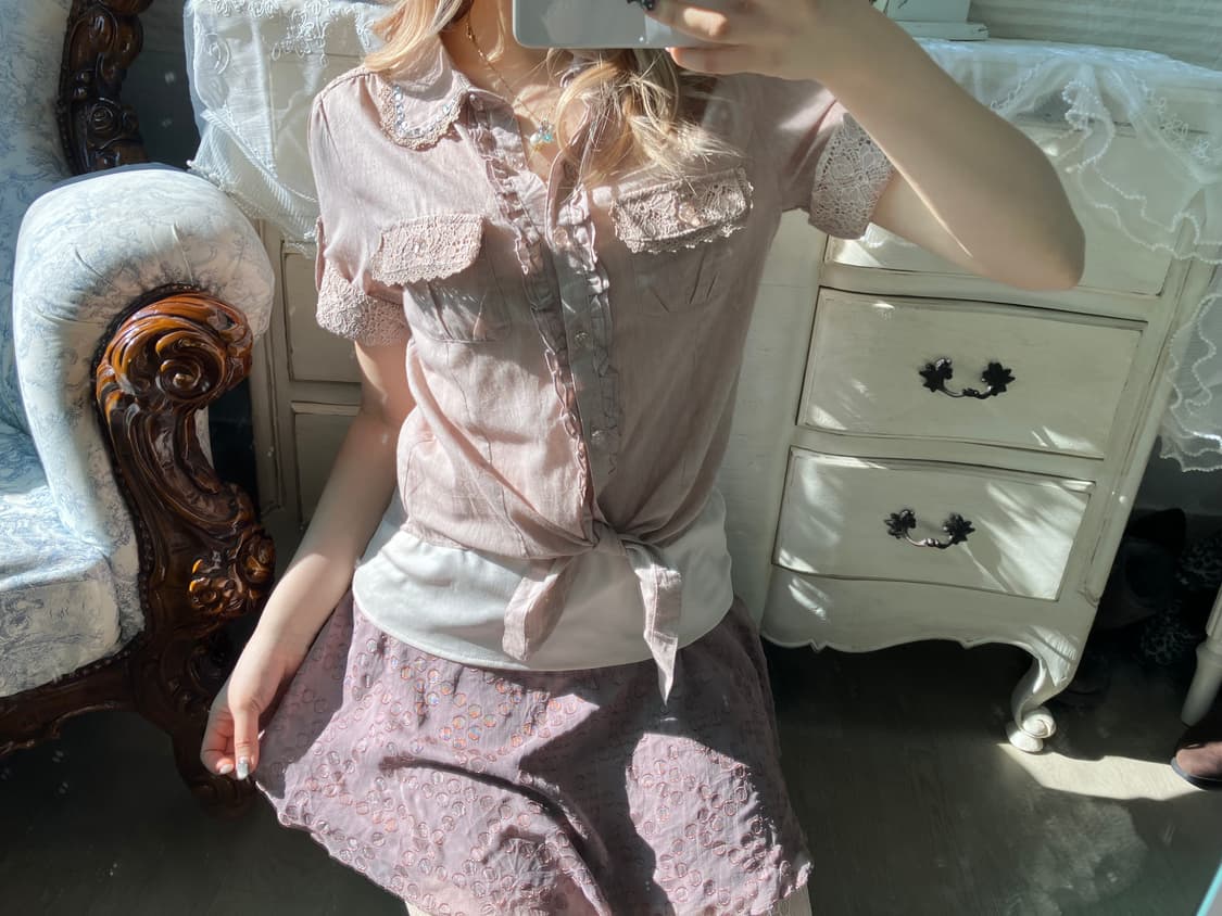 액시즈팜 히메 핑크 레이스 롤업셔츠 상품이미지1