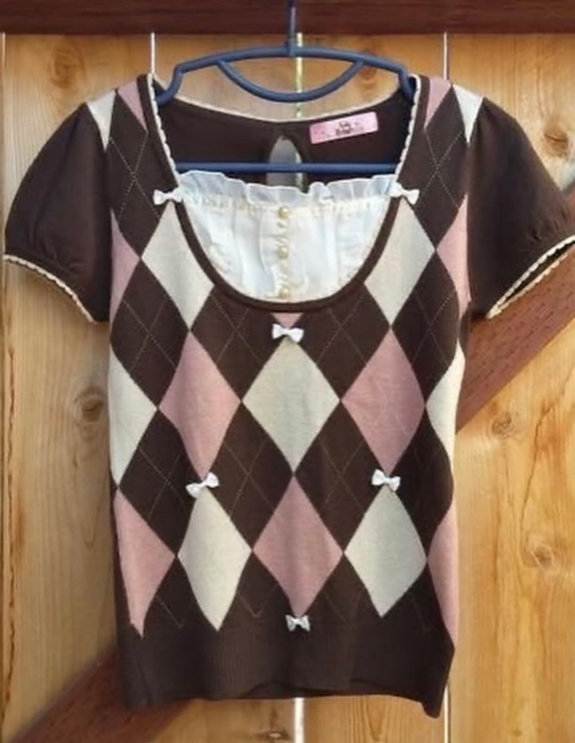 앙크루즈 리즈리사 아가일 브라운 핑크 리본 니트 로걀탑 라떼 갸루 히메 상품이미지1