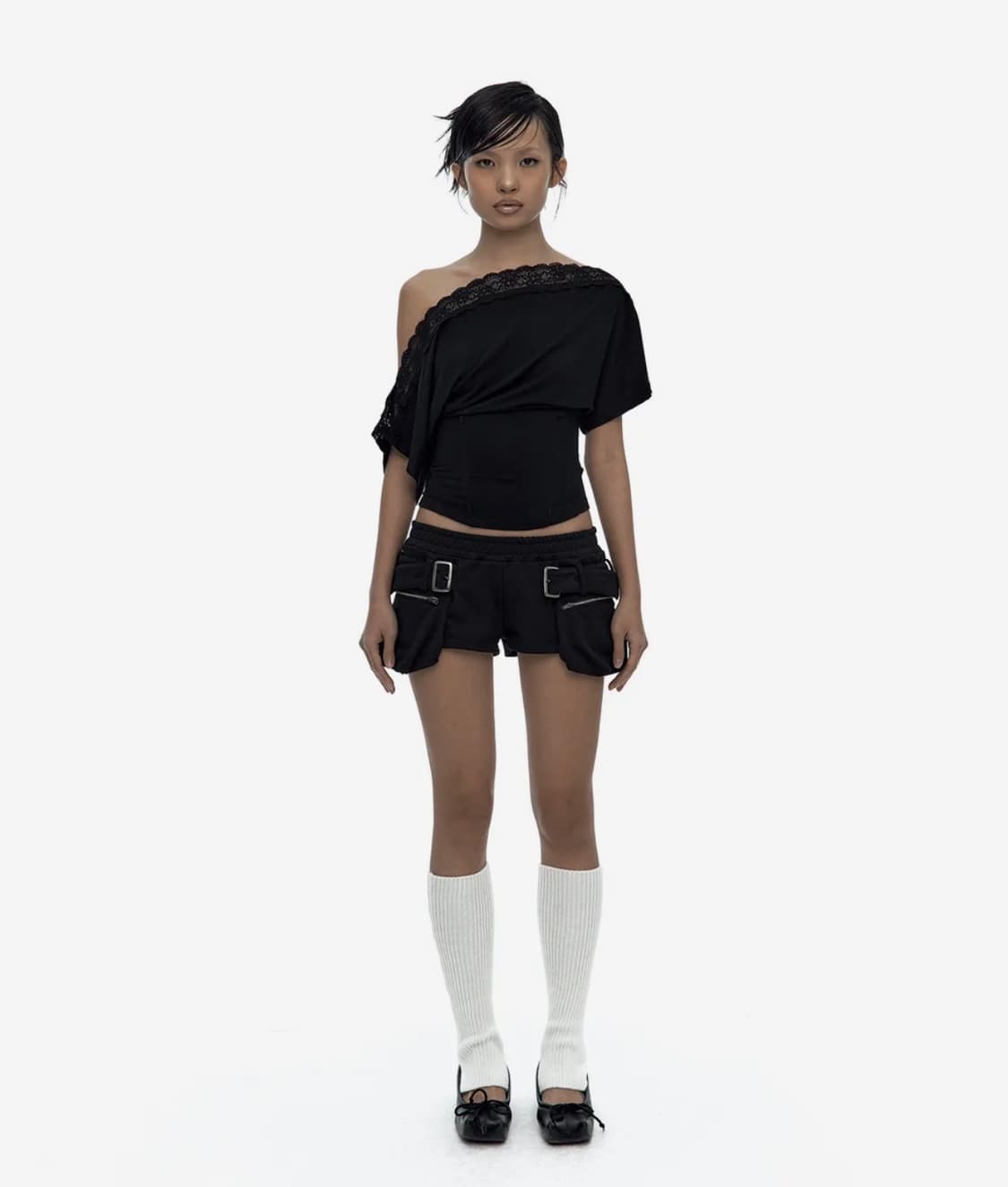 카시코 Lace One Shoulder Corset Tee Black 상품이미지2