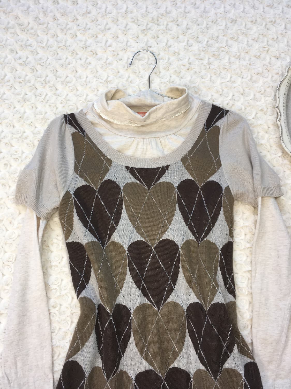 Set)하트 아가일 니트원피스 + 레이스풀오버 상품이미지6