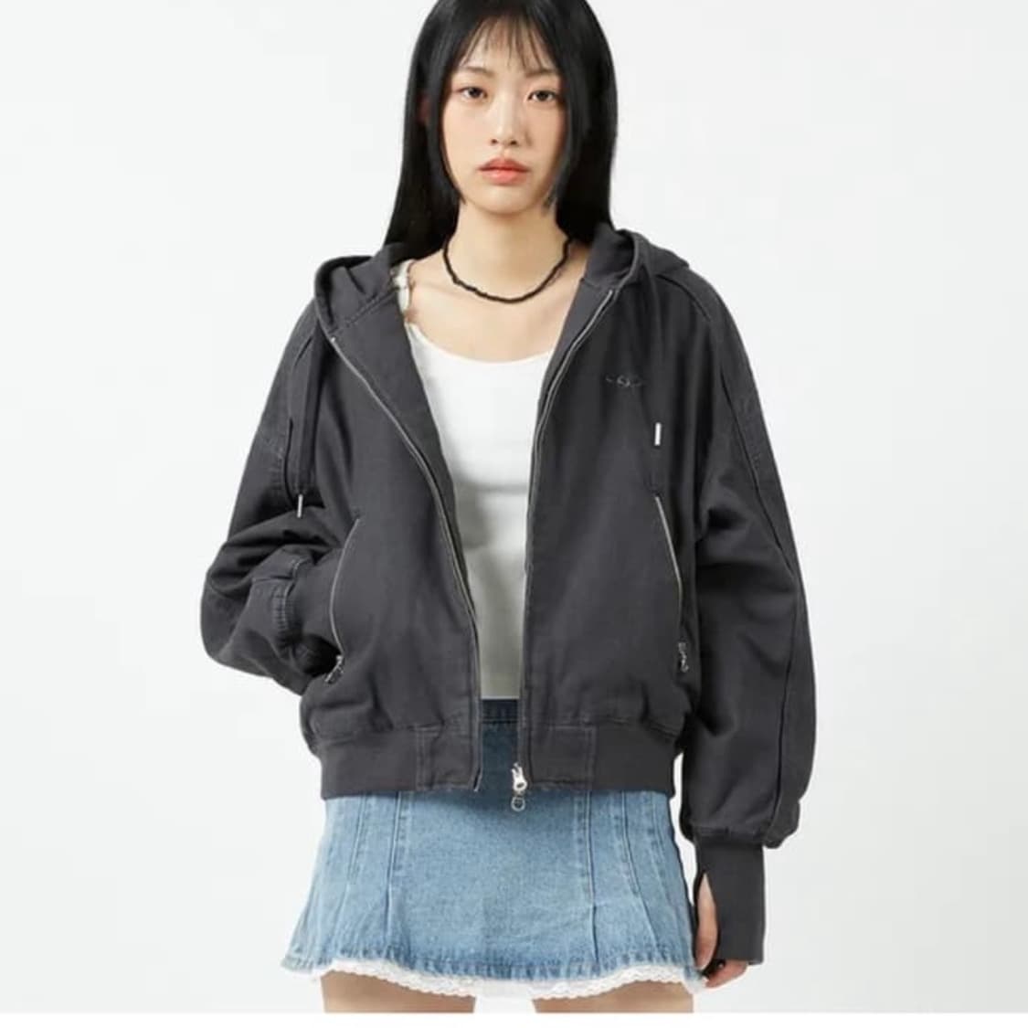 코드그라피 우먼 빈티지 워싱 코튼 후드집업 차콜 상품이미지1