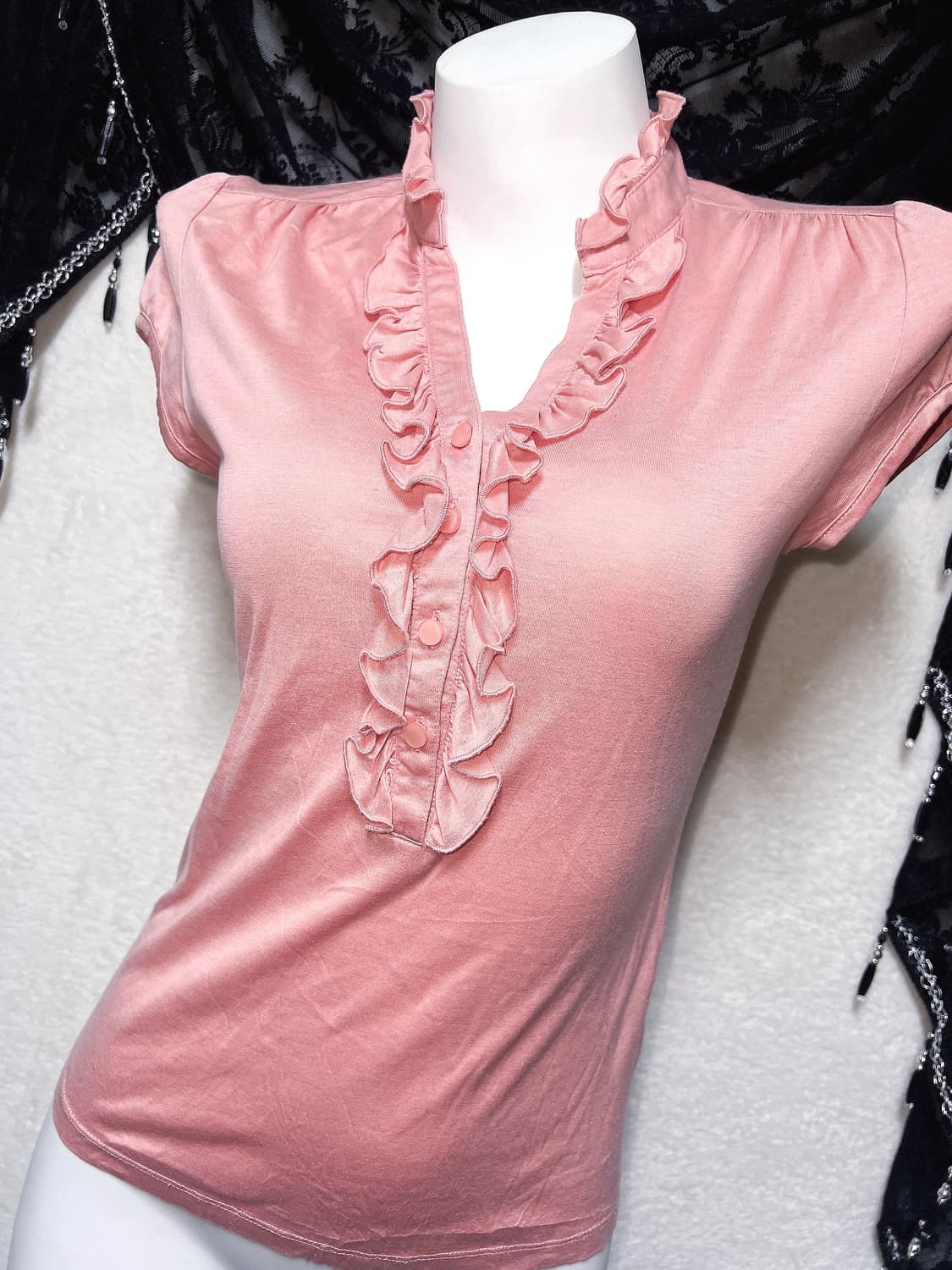 코랄핑크 프릴 반팔 블라우스 로걀탑 로맨틱갸루 히메 러블리 너드 모리 상품이미지4