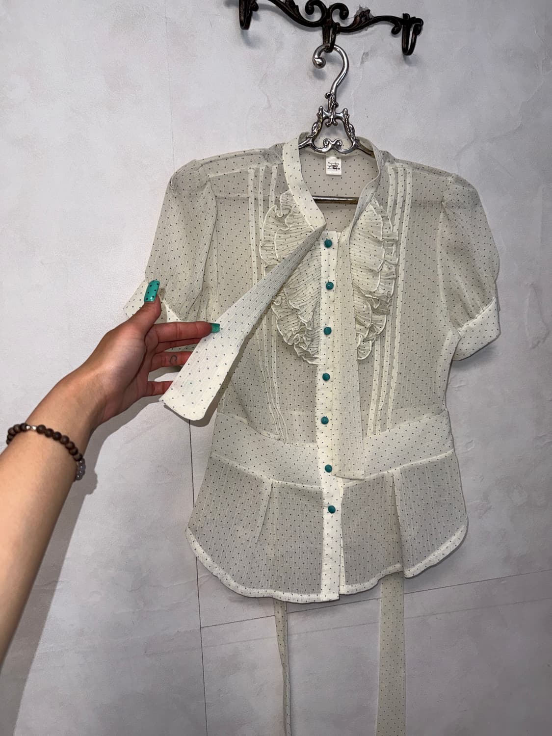 Mint dot chiffon ruffle ribbon blouse  상품이미지5