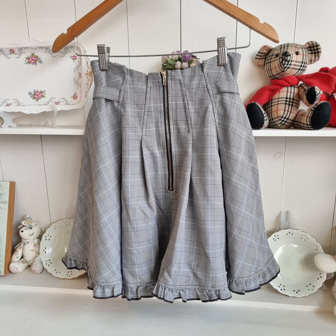 하트 큐빅 버클 체크 프릴 스커트 상품이미지6