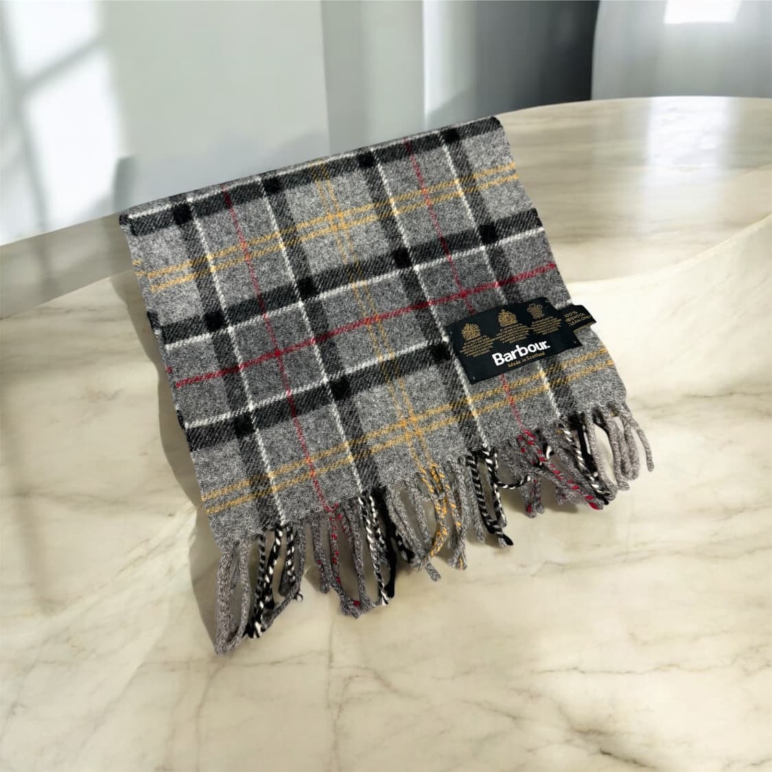 바버 프린지드 그레이 타르탄 램스울 머플러 상품이미지5