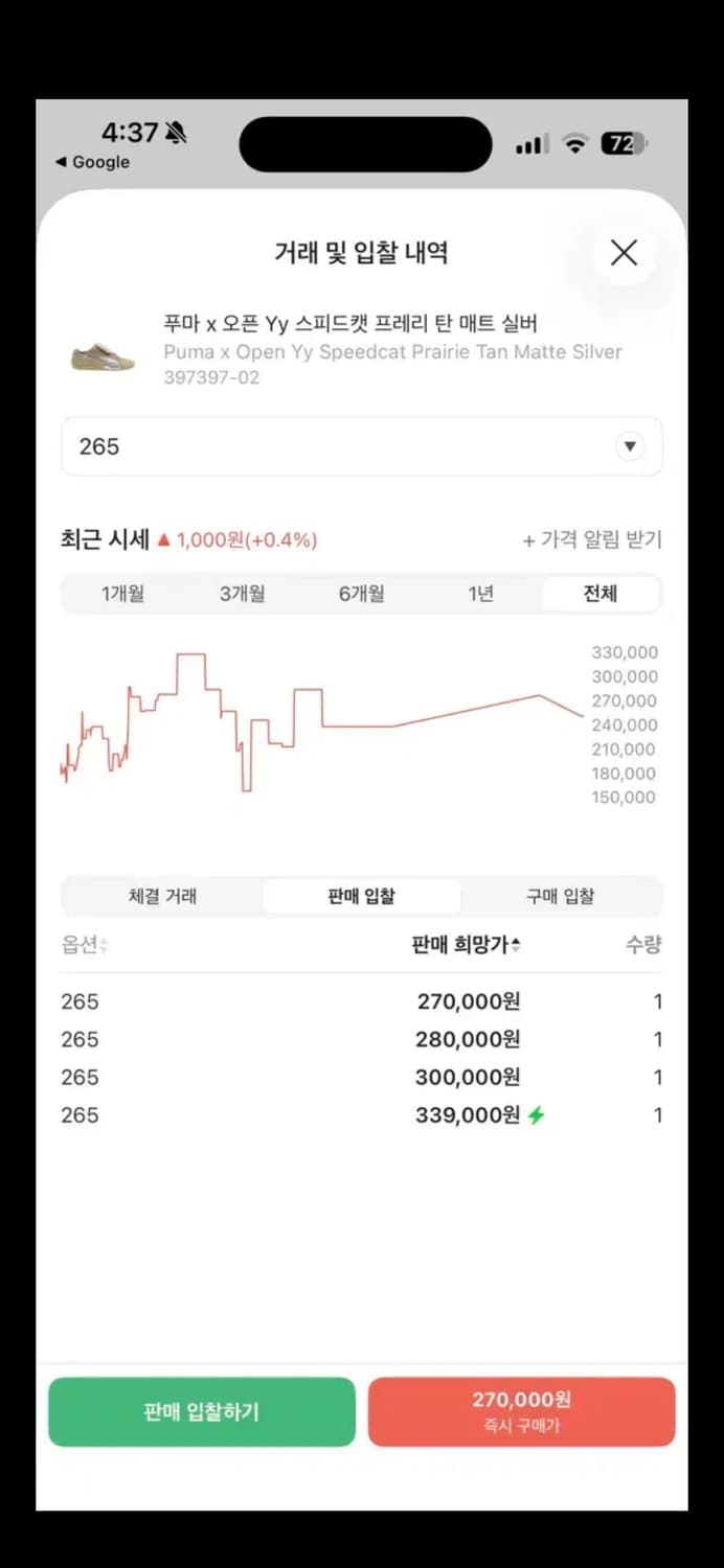 무료배송) 푸마 x 오픈yy 스피드캣 프레리 탄 매트 실버 265 siz 상품이미지4