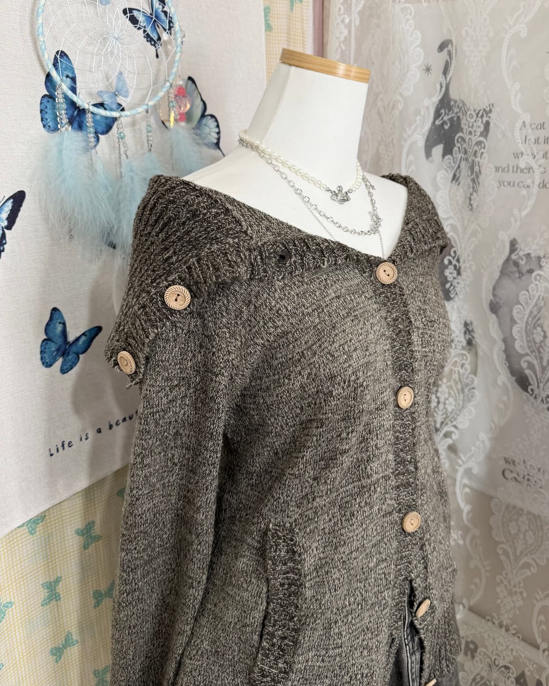 브라운 우드 버튼 빅 카라 가디건 상품이미지5