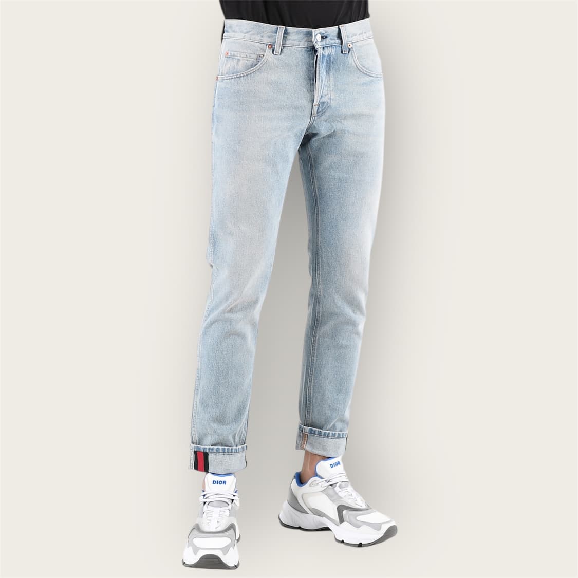 34/ 구찌 웹 커프드 스트레이트 데님 팬츠 상품이미지1