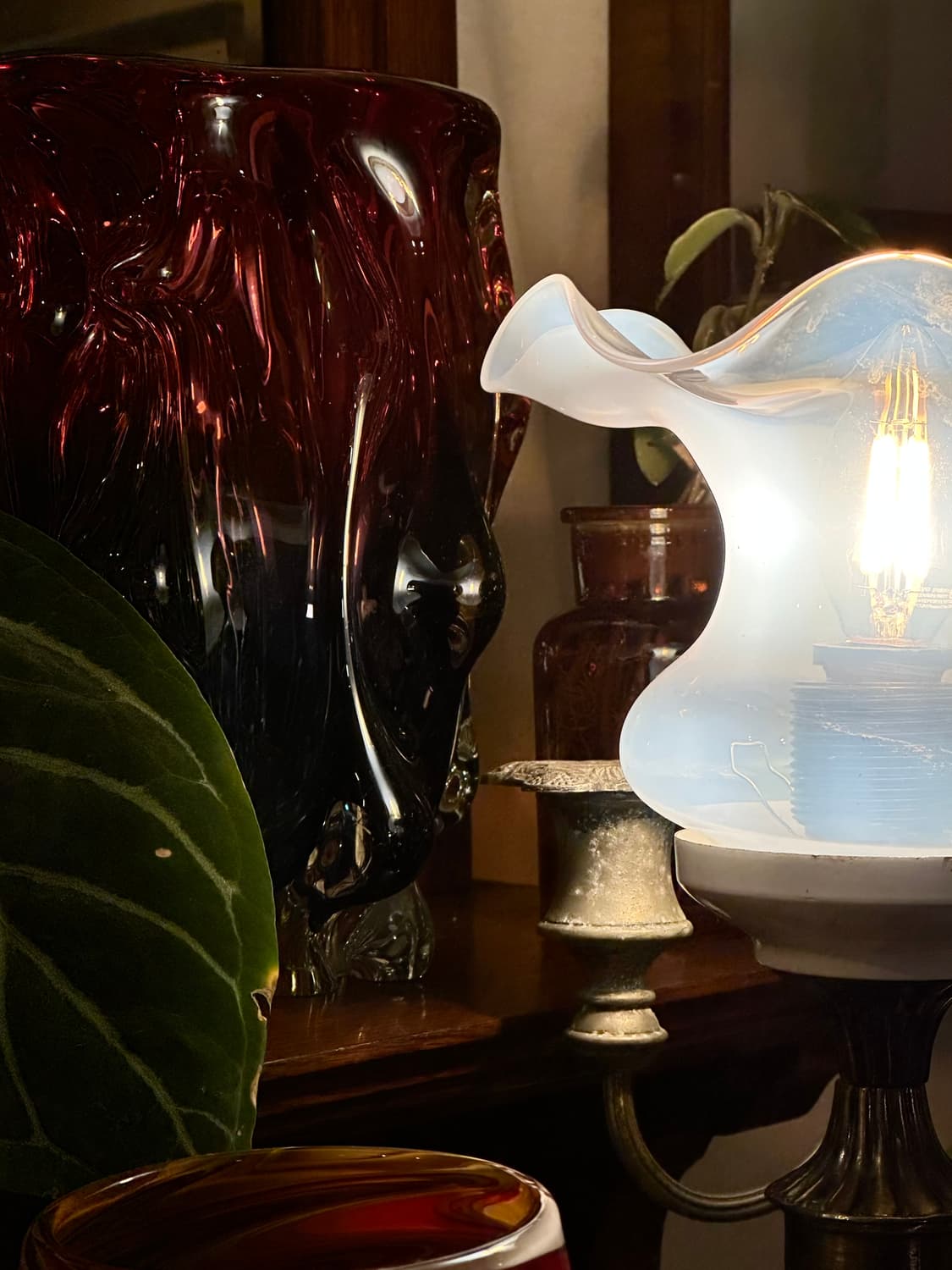 미국 빈티지 오팔린 글라스&브라스 베이스 테이블 램프 조명 상품이미지9