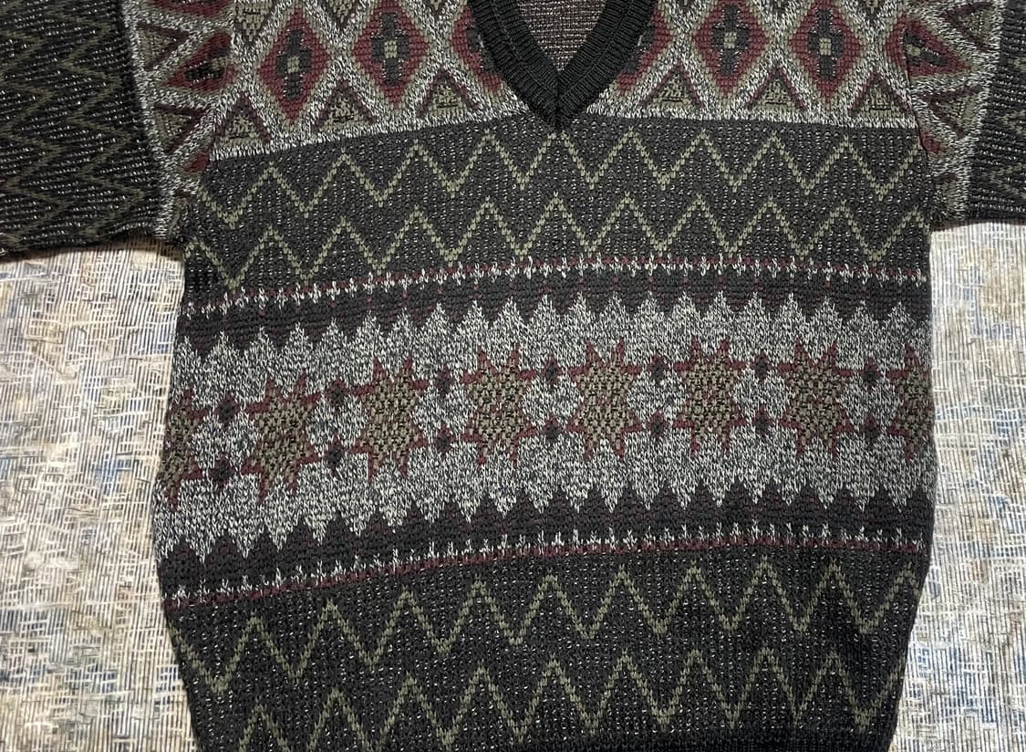 JPN 90s 일본 빈티지 레트로 노르딕 울혼방 패턴 니트 브이넥 스웨터 상품이미지5