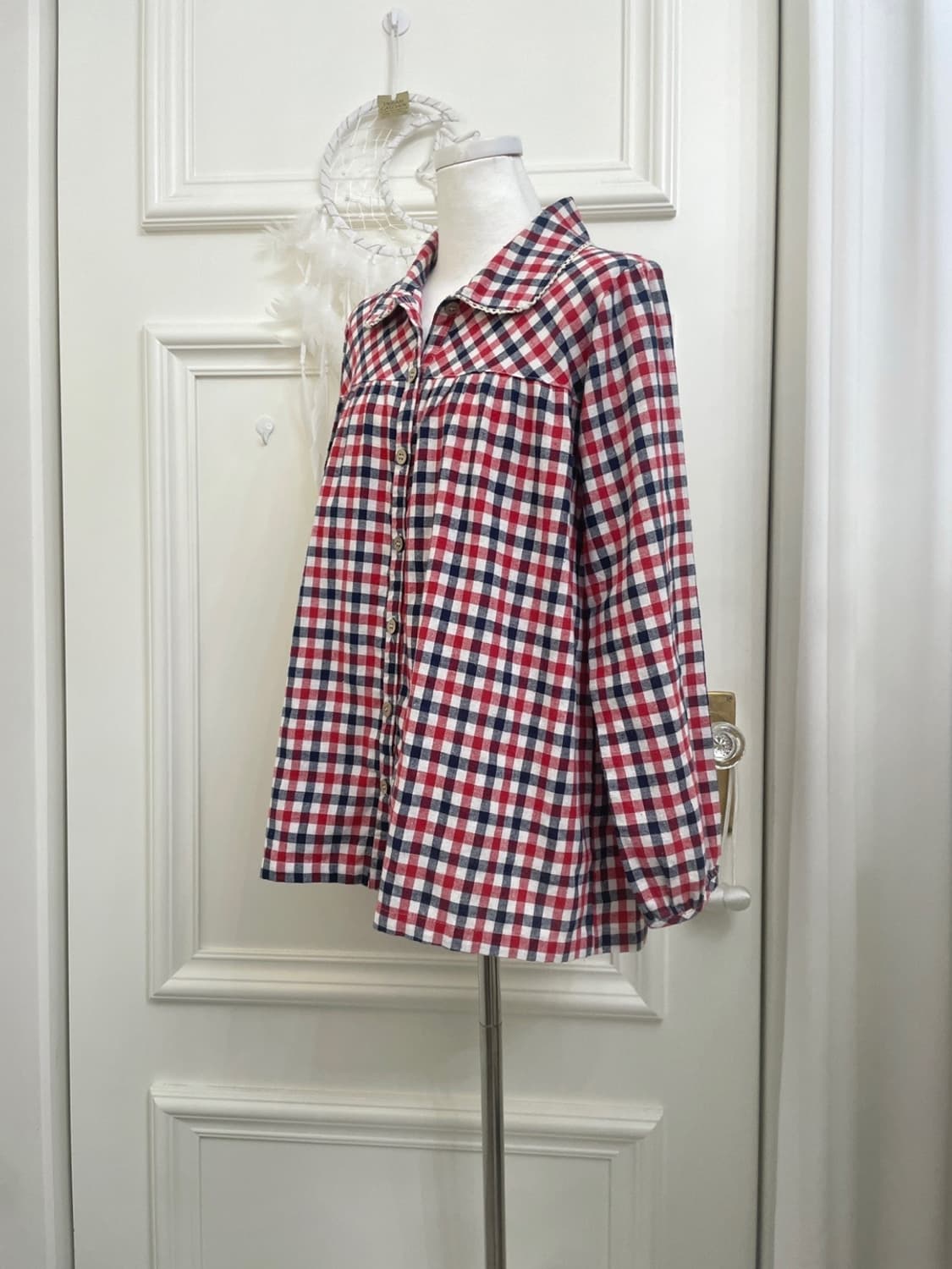 red navy check mori shirring loose shirt 상품이미지2