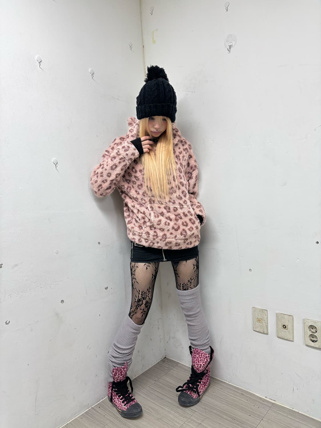 [GAL]Pink Leopard Ears Detail Fleece Hoo 상품이미지2