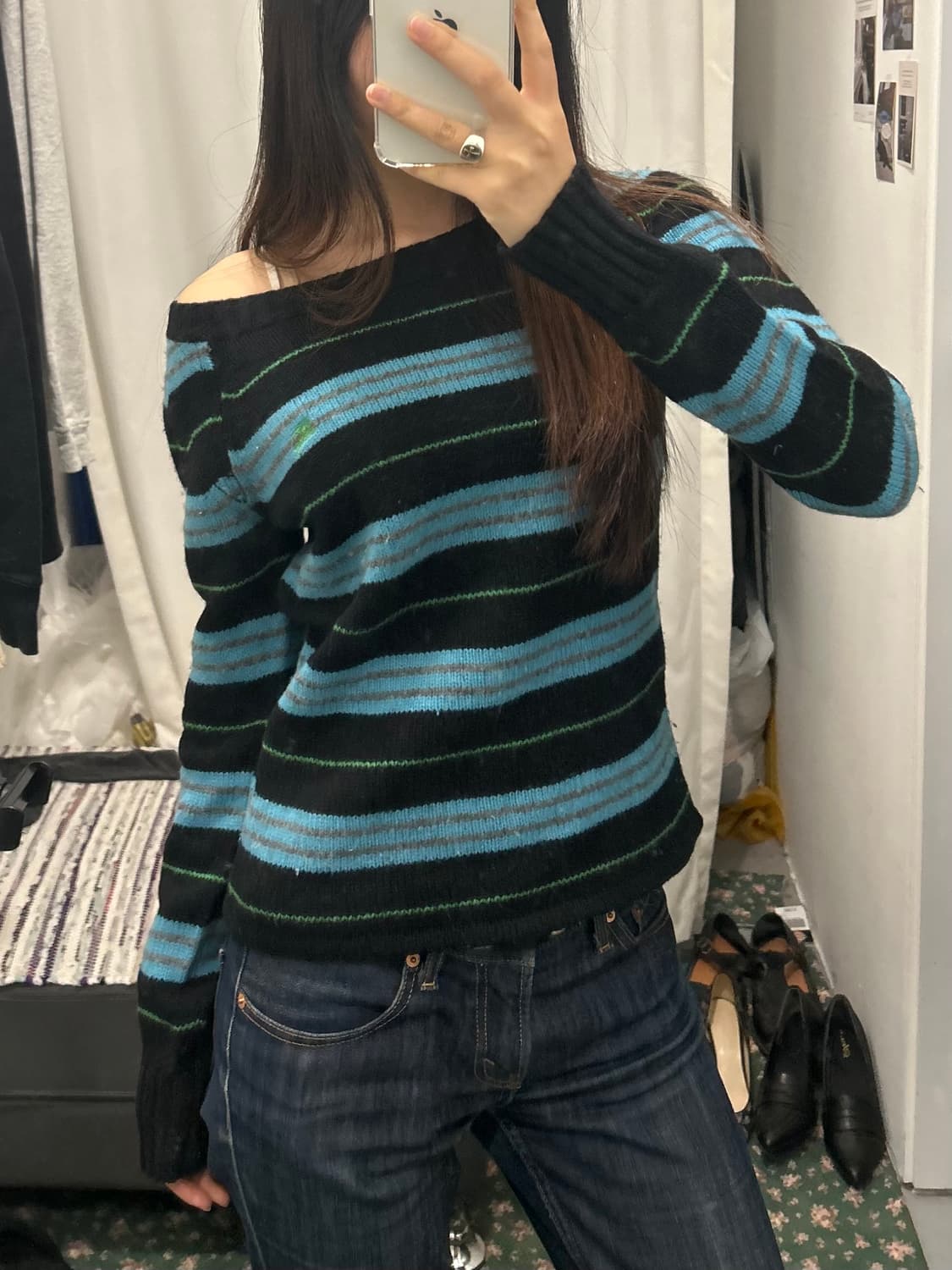 버버리 블루라벨 오프숄더 니트 스웨터 스트라이프 y2k 상품이미지3