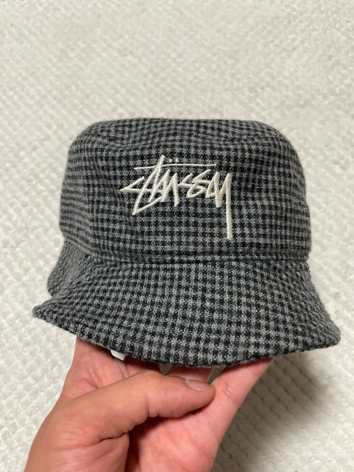 [L/XL] STUSSY 스투시 로고 울 체크 모자 버킷 햇 그레이 상품이미지3