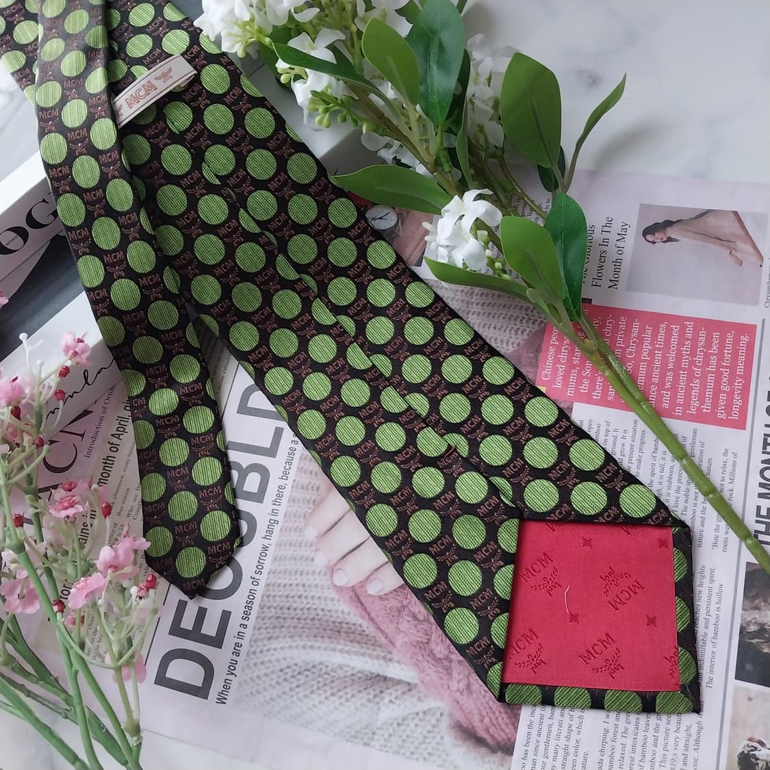 MCM 실크 브라운&그린 도트 패턴 넥타이 9.2cm A+등급 K1585 상품이미지5