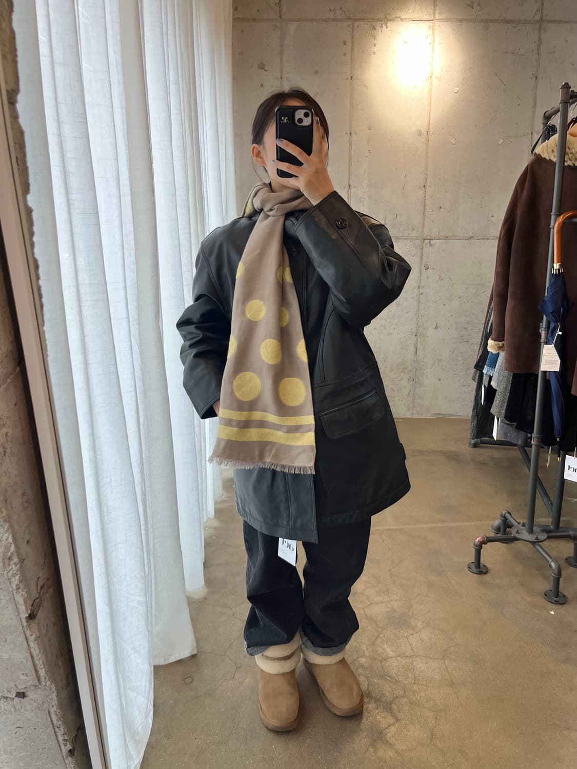 울 도트 패턴 머플러 베이지 상품이미지1