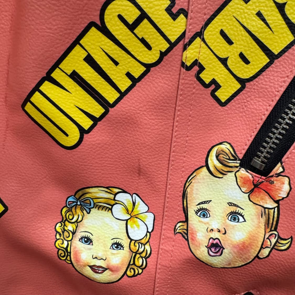 언티지 베이비 로고 프린팅 라이싱 레더 자켓 핑크 옐로우 배색 상품이미지7