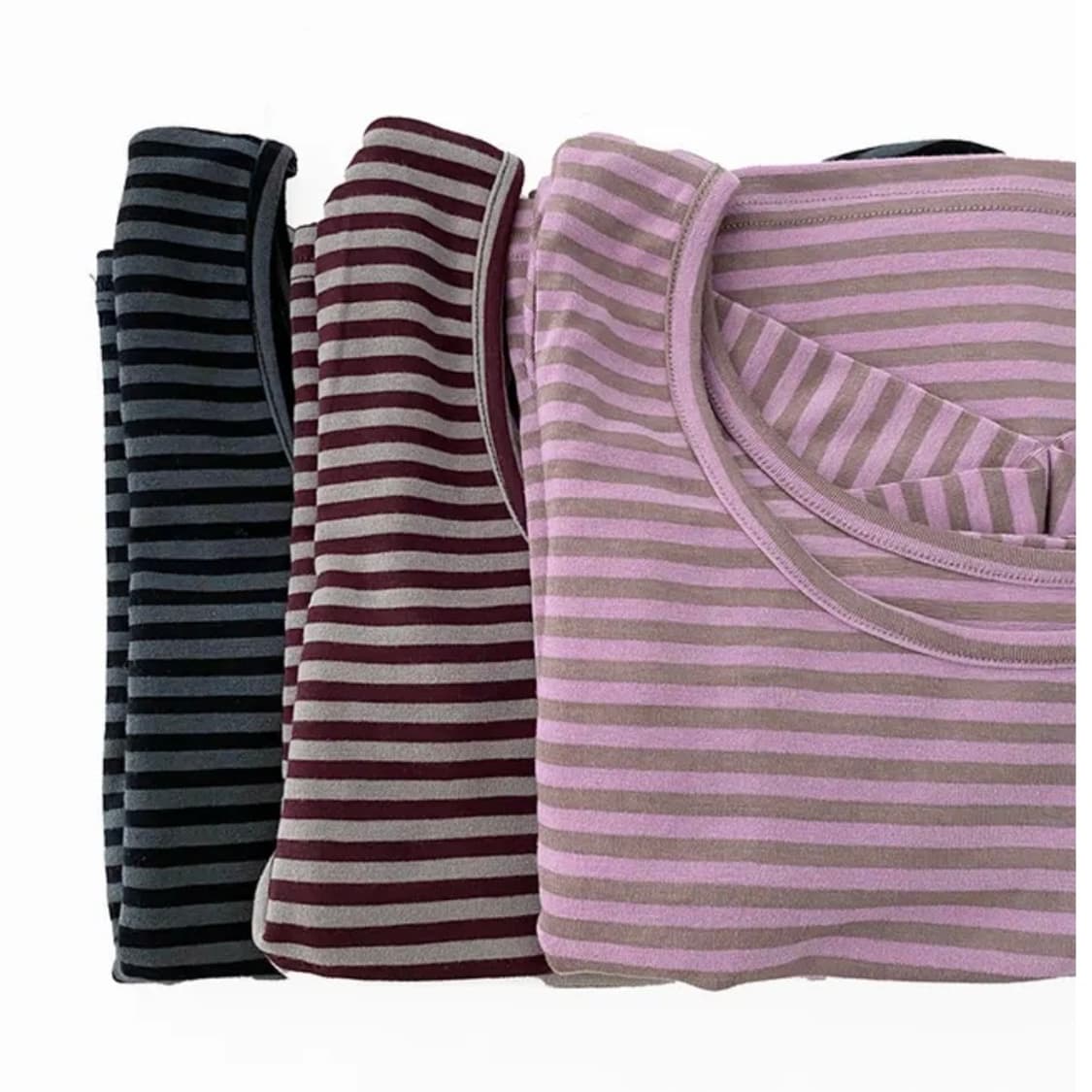 스트라이프 유넥 티셔츠 (빈티지 단가라 핑크 긴팔 딥 u넥 보세 에이블리 상품이미지3