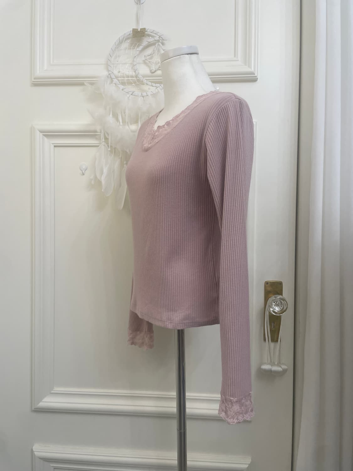 pink lavender lace point rib top(size-F) 상품이미지2