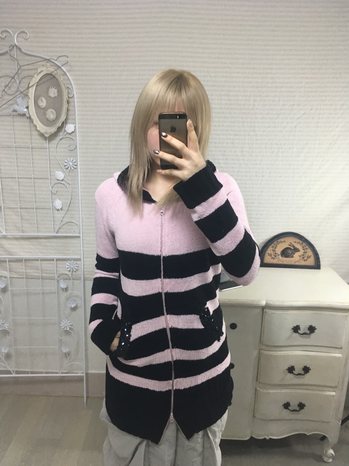 리즈리사 돌 핑크 블랙 스트라이프 후드 집업 상품이미지2