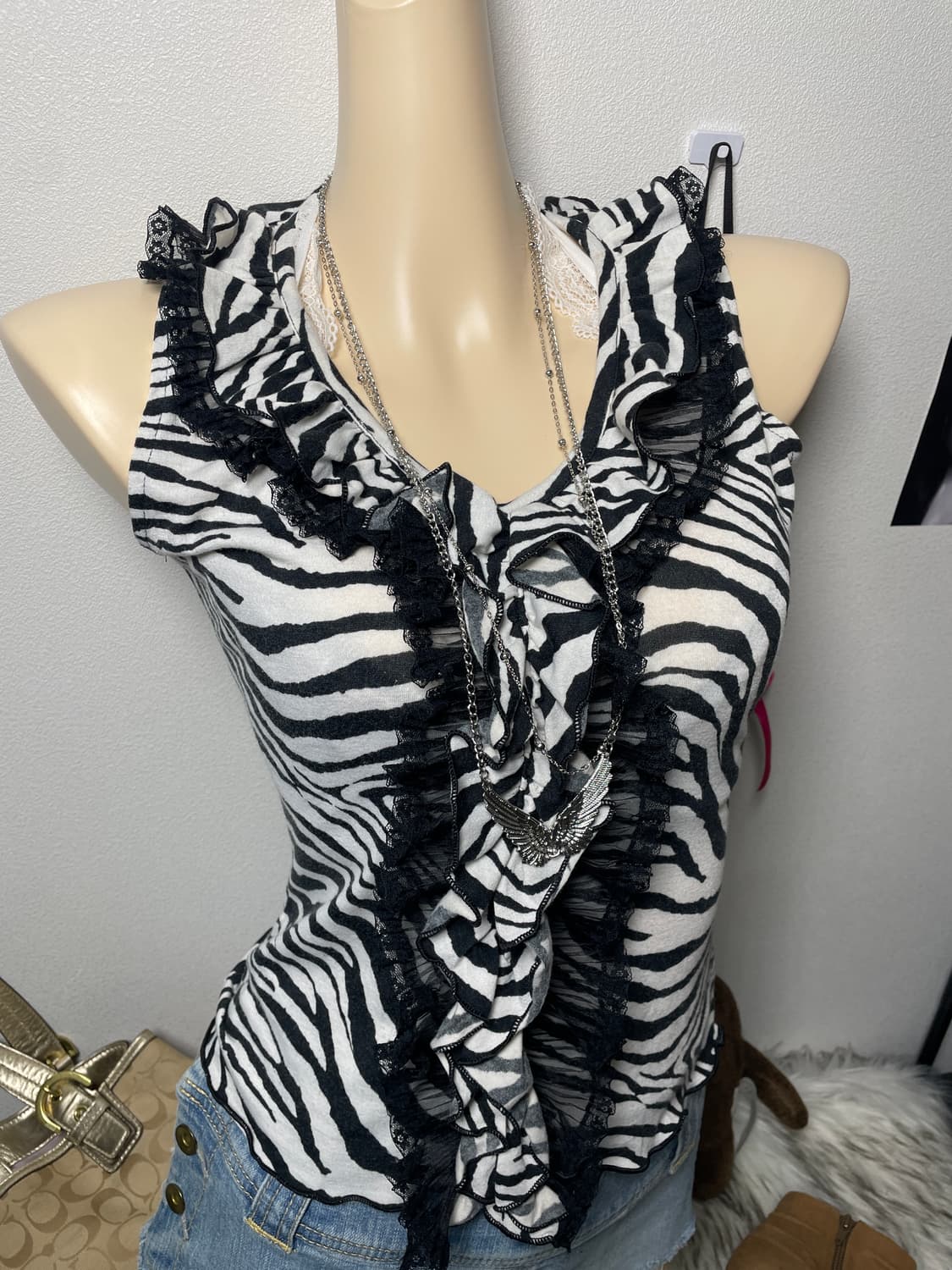 빈티지 갸루 Zebra 지브라 레이스 나시탑 상품이미지3