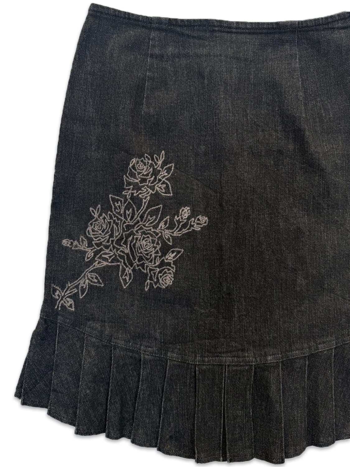 빈티지 L'est rose 블랙 데님 자수 플리츠 미디 스커트 상품이미지3