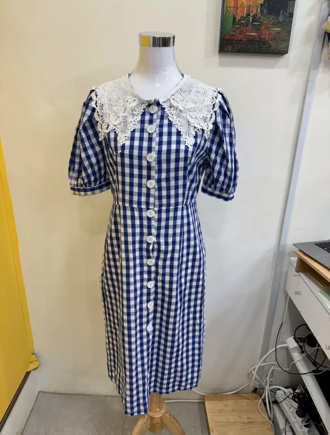 vtg 블루 깅엄 체크 레이스 카라 원피스 상품이미지1