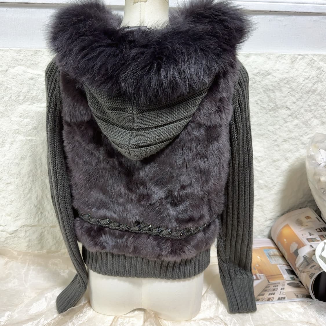 빈티지 그레이 폭스퍼후드 토끼털 꽈배기 비즈 니트자켓 후드집업 상품이미지4
