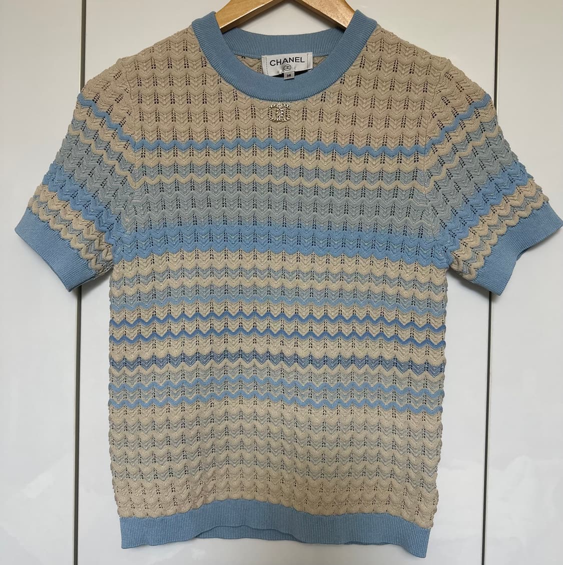 샤넬 반팔 니트 티셔츠 블루 베이지 정품 상품이미지2
