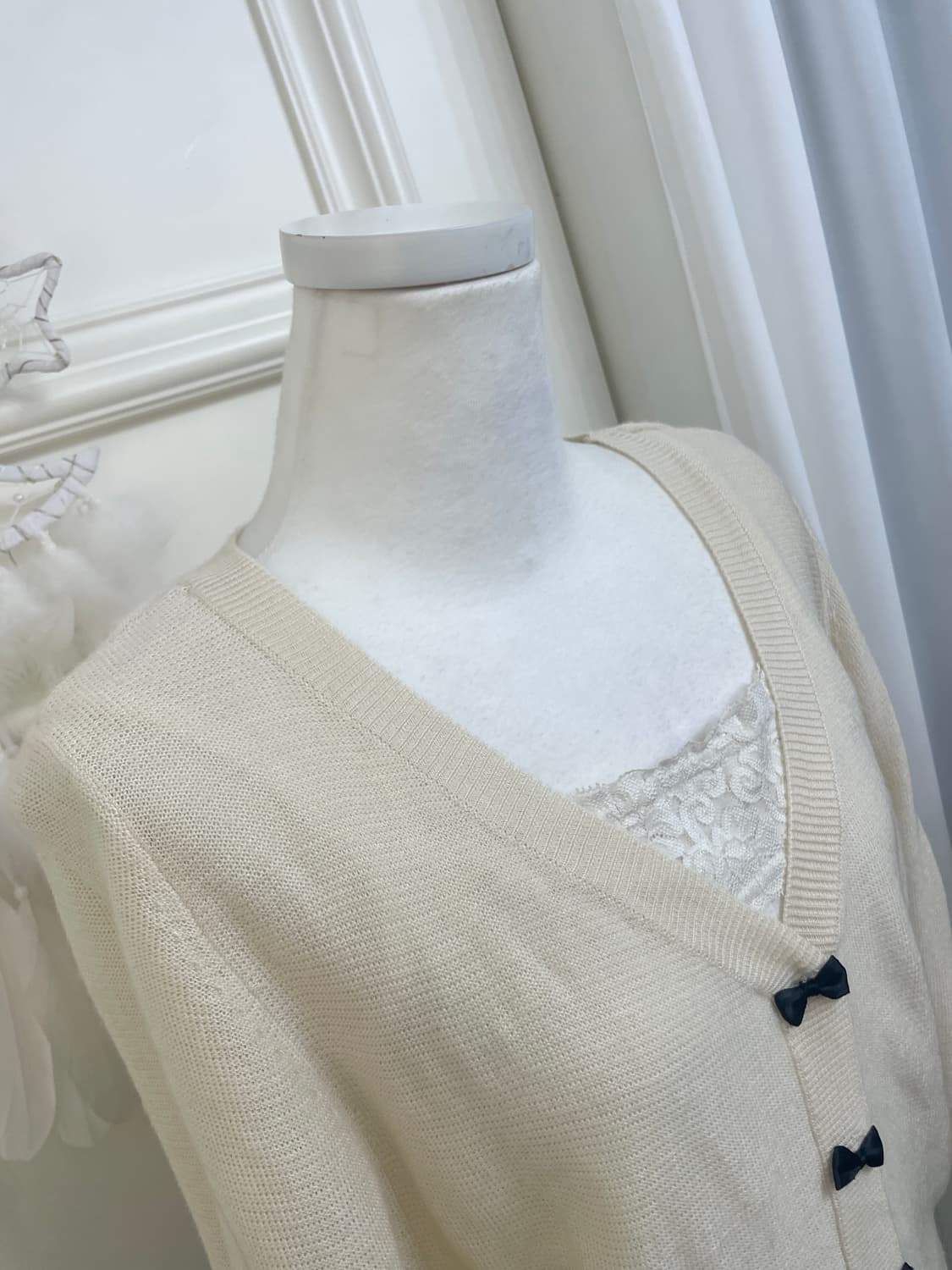ivory black bow cardigan&lace pleats cot 상품이미지7