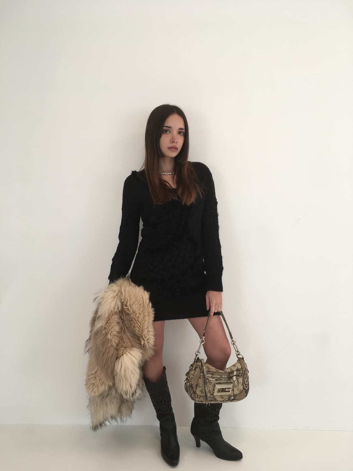 Obzee black rabbit fur trimming wool ops 상품이미지5