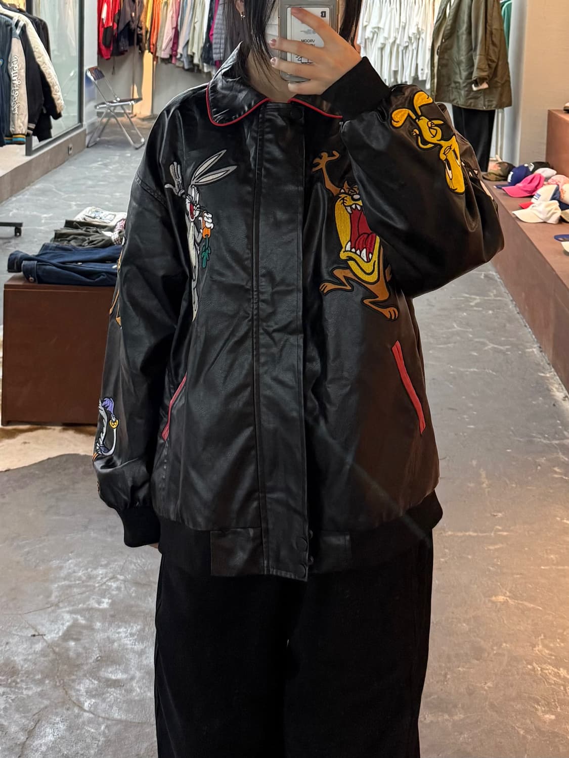 빈티지 루니툰즈 카툰 로고 레더 자켓 H2031 상품이미지1