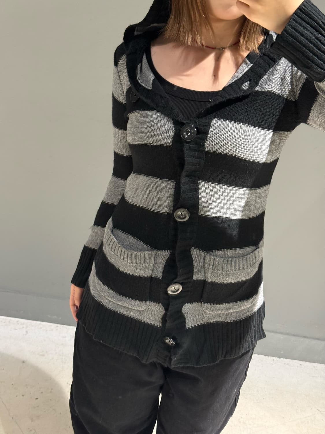 stripe pattern button-up hood cardigan 상품이미지3