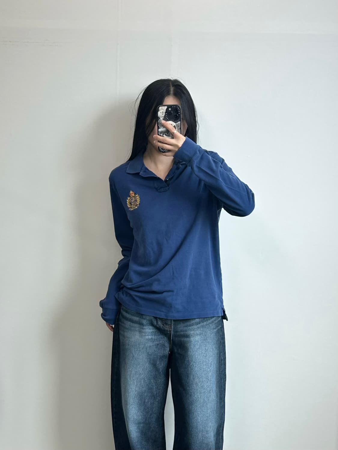폴로 랄프로렌 크레스트 자수 네이비 긴팔 카라 티셔츠 상품이미지1