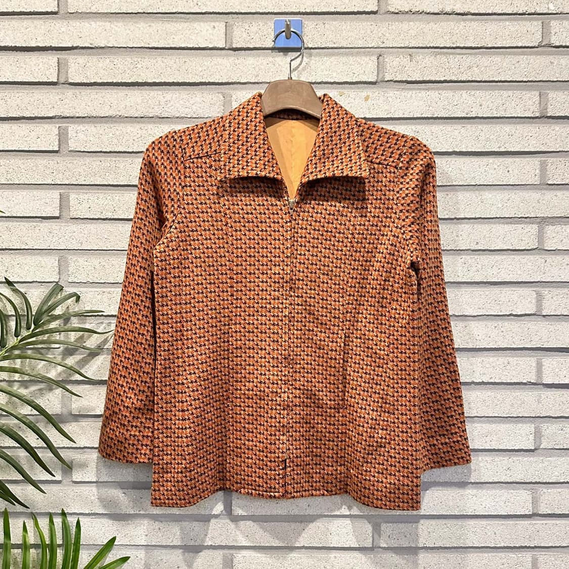 JPN VINTAGE 카라넥 집업 자켓 하운드투스 체크 패턴 디테일 주황 상품이미지1