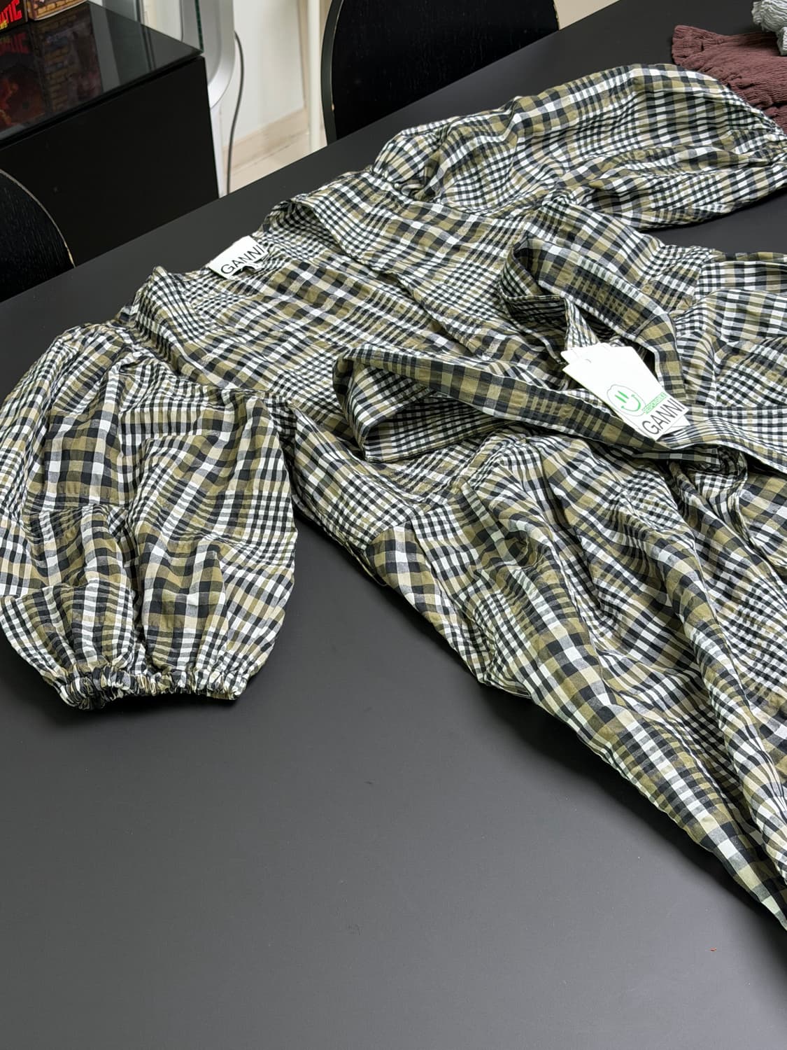 가니(GANNI) 시어서커 체크 랩 미니 원피스  상품이미지8